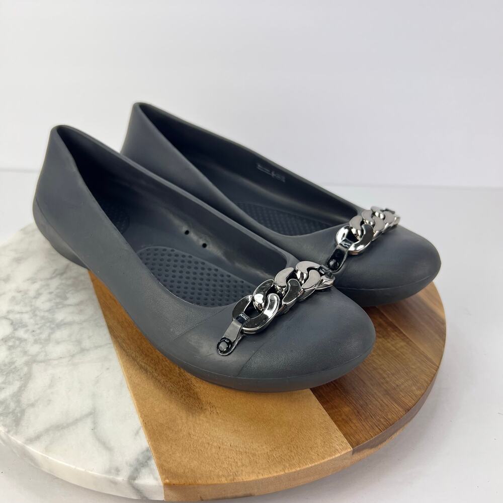 Crocs 8 Women's Gianna Silver Chain Link Black Slip On Light Ballet Flats Shoes
